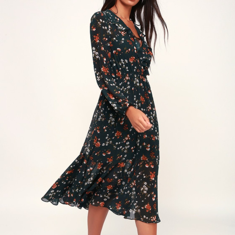 Lulu's Green Floral Print Long Sleeve Midi Dress